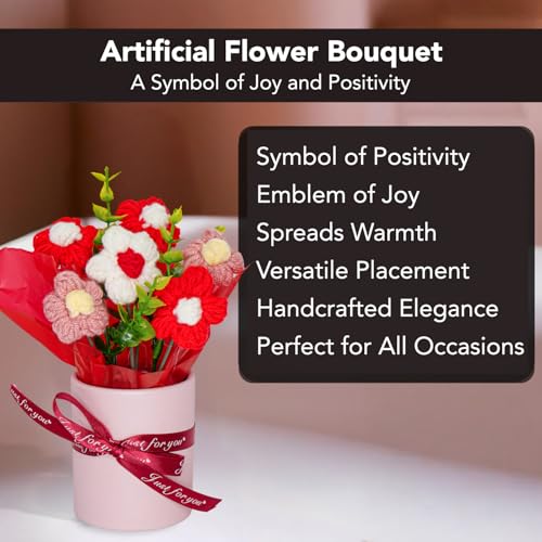 Ekhasa Nostrae by Ekhasa Red Cherry Blossom Crochet Flowers Bouquet (Small Size) | Knitted Flowers For Gifting | Woolen Bouquet Perfect For Crochet Gifts | Handmade Bouquets Gift - Image 4