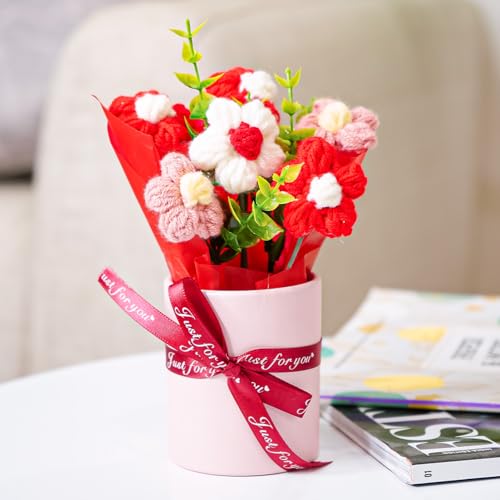 Ekhasa Nostrae by Ekhasa Red Cherry Blossom Crochet Flowers Bouquet (Small Size) | Knitted Flowers For Gifting | Woolen Bouquet Perfect For Crochet Gifts | Handmade Bouquets Gift - Image 2