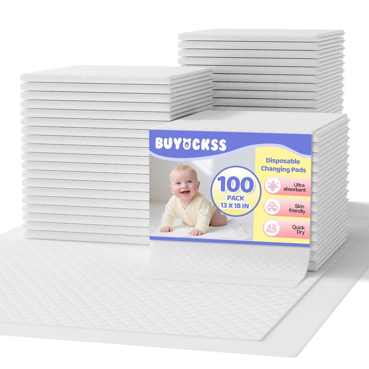 Buyockss Disposable Changing Pad Liners 100 Count - 13x18 Inches Ultra Soft Super Absorbent Waterproof Baby Diaper Changing Pads White - Leak Proof Baby Changing Mat Liners for Home & Travel