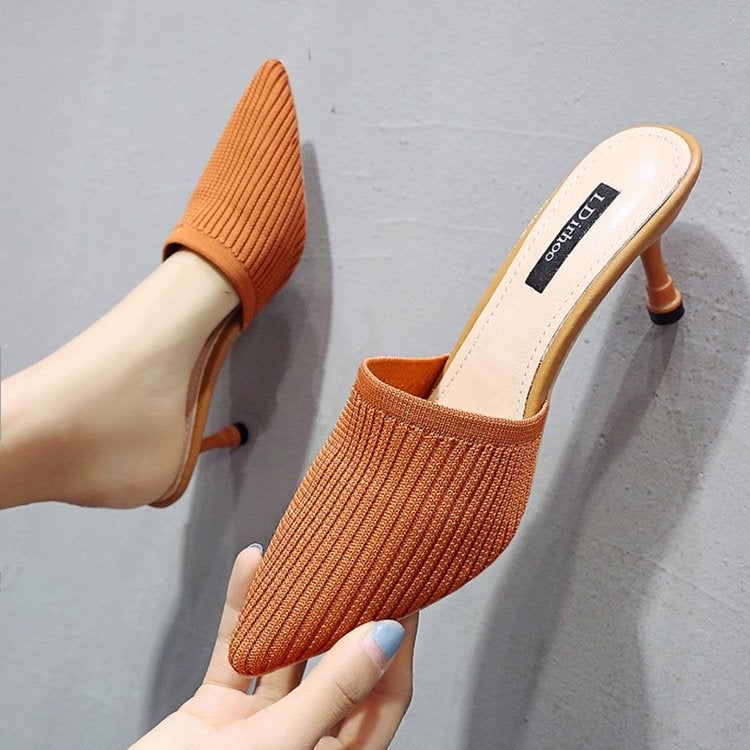 2024 Spring-Summer Knitted High-Heeled Slippers for Women Orange 