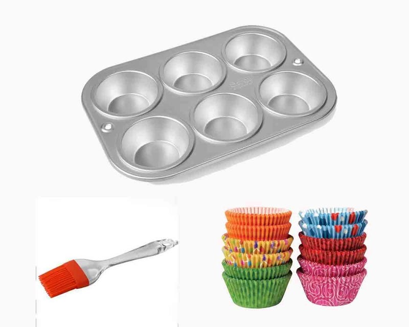 Bakers Pardise Aluminium 6 Cup MuffinCake Tray 10 Inches Silver with Mini Muffin Paper Cup Liners 10cm Set of 100 Pastry Brush - Image 1