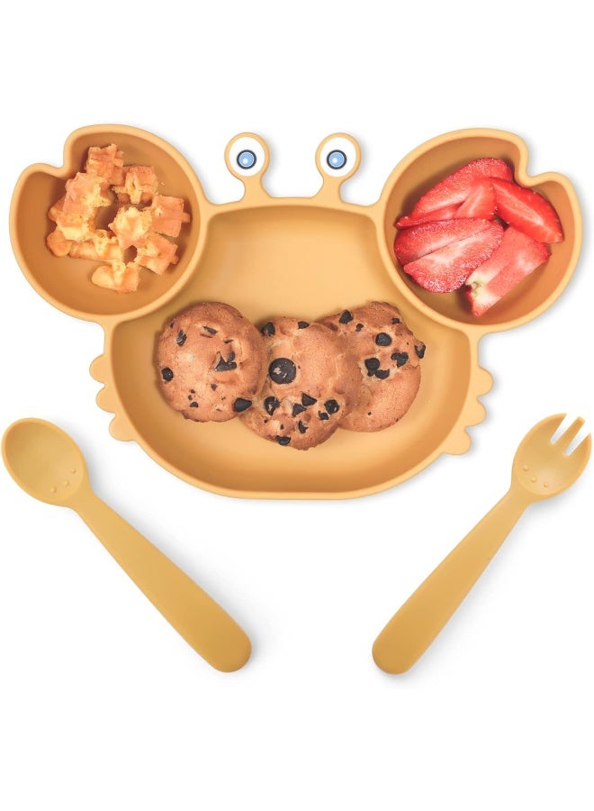 ROCCED Silicone Divided Baby Plates and Utensil Set - Suction Suitable for Toddlers - Crab Yellow - Image 1