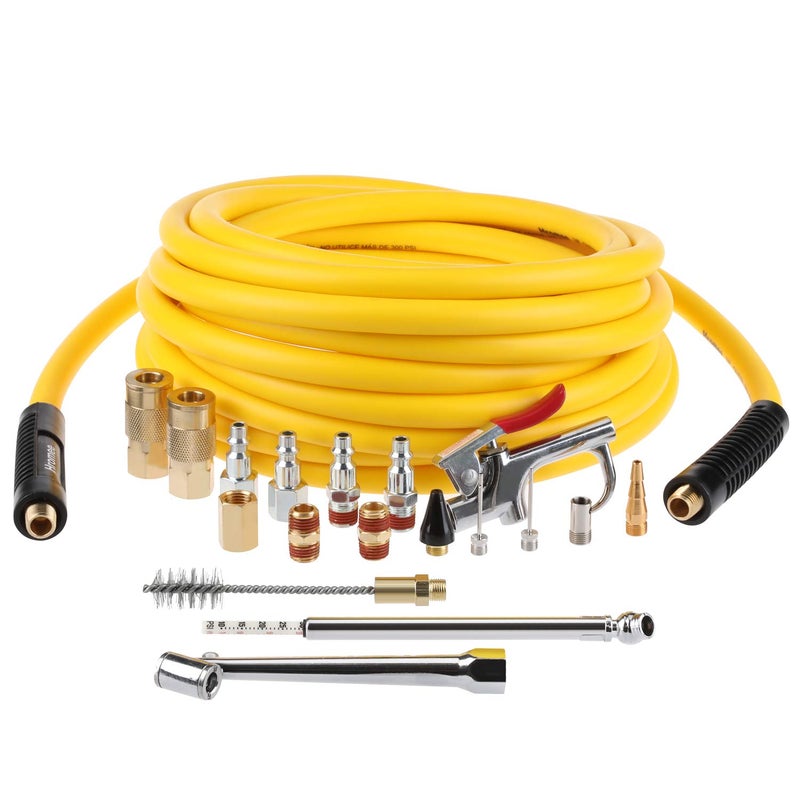 Hromee 19 Pieces Air Compressor Accessories Kit with 3/8 Inch x 25FT Hybrid Hose, 1/4 Inch NPT Quick Connect Fittings, Air Blow Gun, Tire Gauge and Wire Brush - Image 1