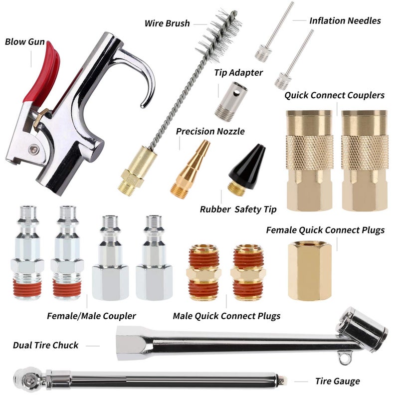 Hromee 19 Pieces Air Compressor Accessories Kit with 3/8 Inch x 25FT Hybrid Hose, 1/4 Inch NPT Quick Connect Fittings, Air Blow Gun, Tire Gauge and Wire Brush - Image 4