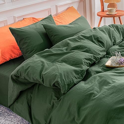 طقم غطاء لحاف NEXHOME PRO بحجم كينج من القطن العضوي المغسول 100 مع ملمس الكتان، 3 قطع، مع إغلاق بسحاب، لون أخضر غامق، بدون لحاف