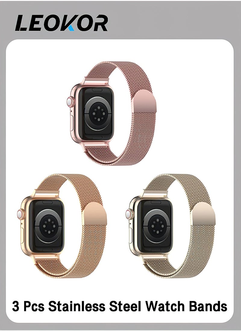 LEOKOR - Watch  Band, Set of 3 Metal Watch Straps, Compatible with Apple 38mm 40mm 41mm Straps, for the Ultra SE 9 8 7 6 5 4 3 2 1 for women, Stainless steel metal strap with magnetic buckle for straps - Image 1