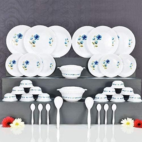 CHALISA Dinner Set of 36 psc Exclusive Plastic Printed Round Dinner Set 6 Big PLATS 6 Small PLATS 12 Small Bowl6 Table Spoon2 Big Spoon 2 Big Bowl with 2 LID Multi Color Blue - Image 1
