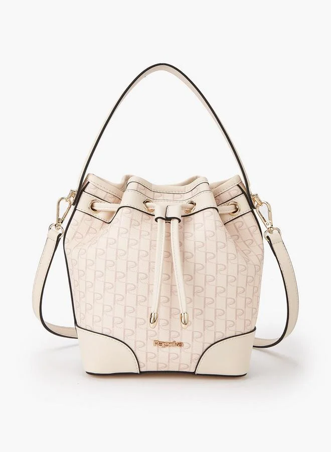 Monogram Print Bucket Bag with Detachable Strap and Drawstring Closure