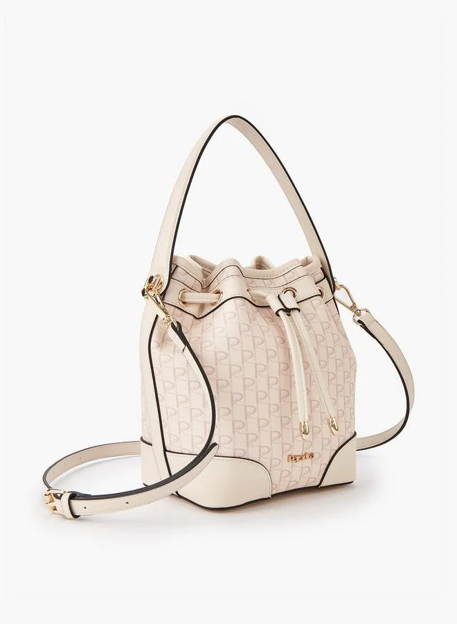 Paprika Monogram Print Bucket Bag with Detachable Strap and Drawstring Closure