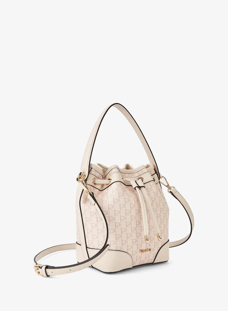 Paprika Monogram Print Bucket Bag with Detachable Strap and Drawstring Closure