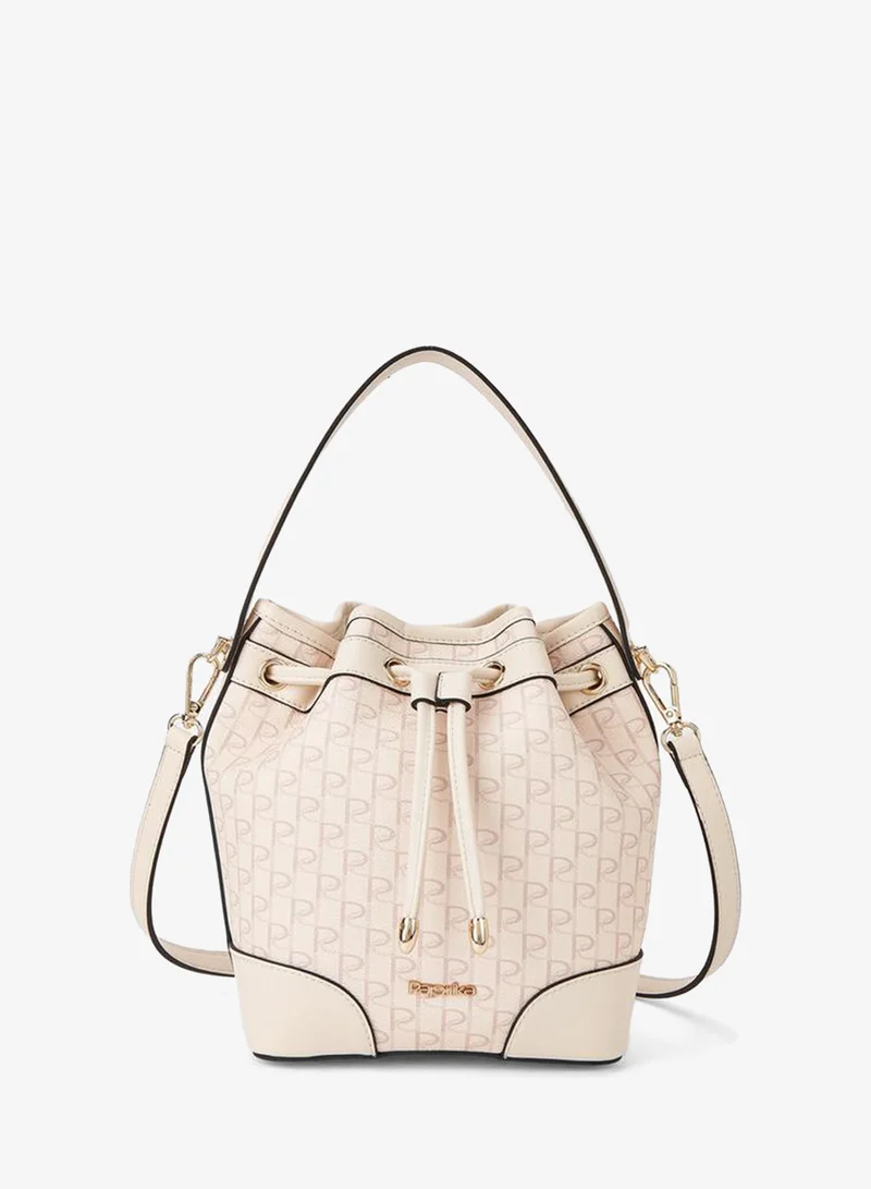 Paprika Monogram Print Bucket Bag with Detachable Strap and Drawstring Closure