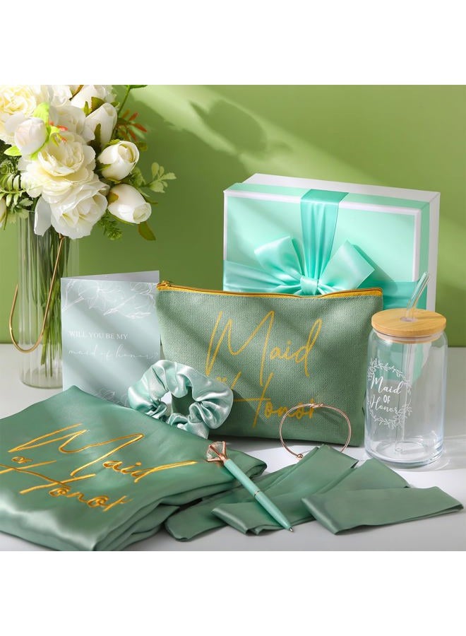 Irenare 8 Pcs Proposal Gifts Set Robes Makeup Bag Cup Cards Hair Tie Bracelet Diamond Pen Bridesmaid Gift Box, Light Green, 1 Count (Pack of 8), Maid of Honor - Image 5