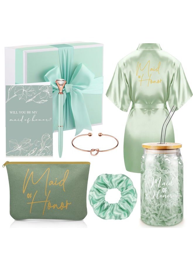 Irenare 8 Pcs Proposal Gifts Set Robes Makeup Bag Cup Cards Hair Tie Bracelet Diamond Pen Bridesmaid Gift Box, Light Green, 1 Count (Pack of 8), Maid of Honor - Image 1