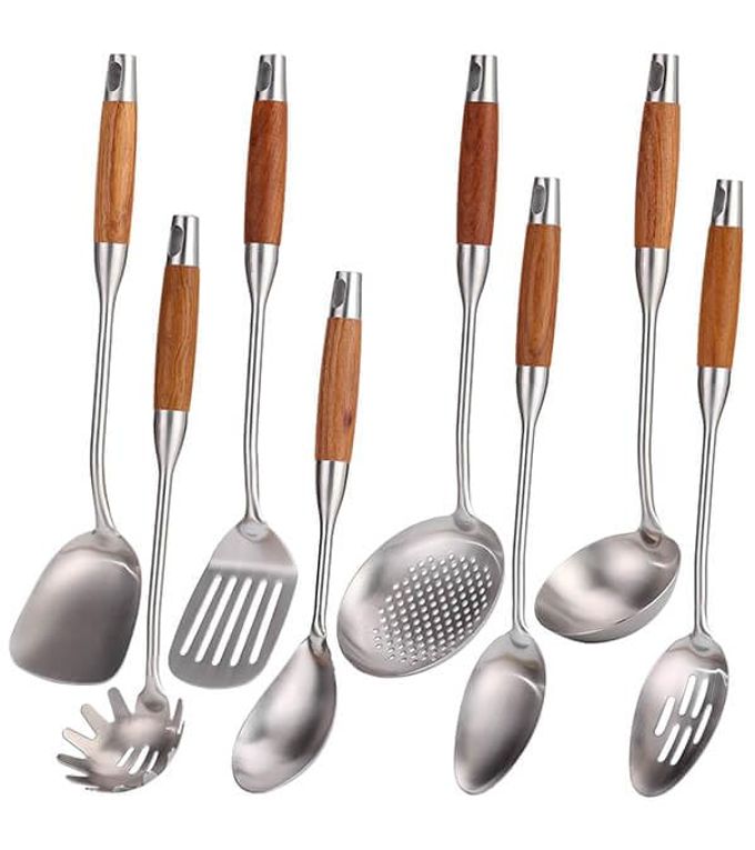 1810 STAINLESS STEEL KITCHEN UTENSILS SET WITH WOOD HANDLE 15METAL COOKING TOOLS SERVING UTENSIL 8PIECES COOKING SPOONS SET SPATULA LADLE SKIMMER TURNER PASTA SOLID SPOON SLOTTED SPOON