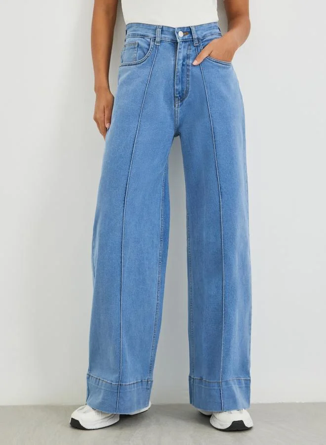 ستايلي Styli Solid Wide Leg Jeans with Pintuck Detail
