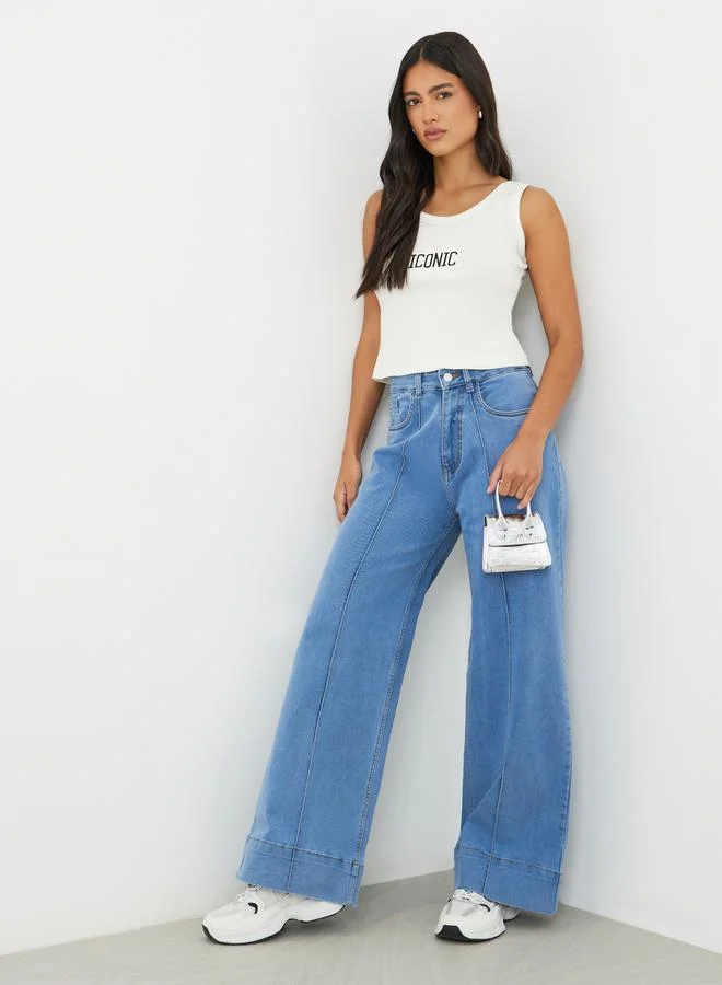 ستايلي Styli Solid Wide Leg Jeans with Pintuck Detail