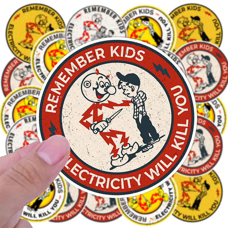 Maldora 40 PCS Reddy Kilowatt Sticker - Remember Kids Electricity Will Kill You, Electrician Warning Caution Danger Electrical Safety, Funny Hard Hat Laptop Car Helmet - Image 3