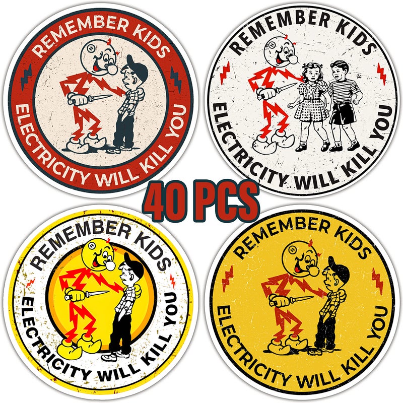 Maldora 40 PCS Reddy Kilowatt Sticker - Remember Kids Electricity Will Kill You, Electrician Warning Caution Danger Electrical Safety, Funny Hard Hat Laptop Car Helmet - Image 2