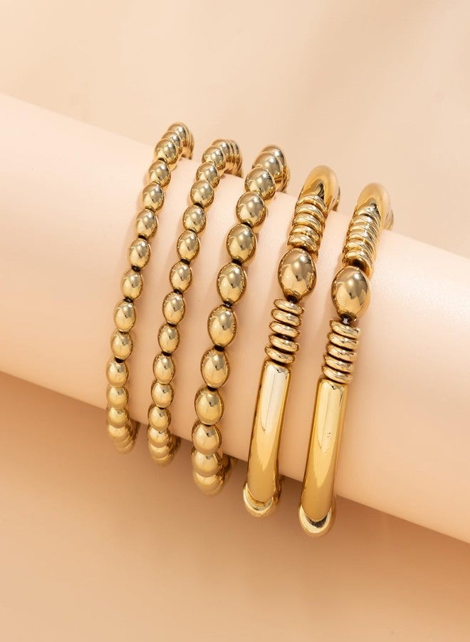 Chargances Gold Layered Beaded Chunky Chain Bracelets Elastic Bead Ball Stretch Bracelets Fashion Stackable Jewelry for Women(Gold) - Image 3