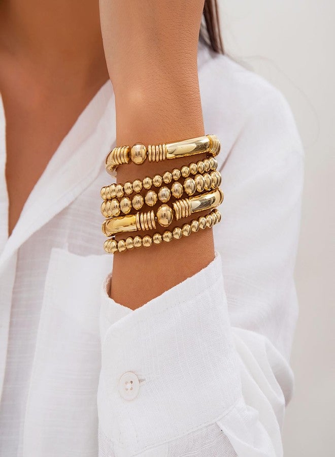 Chargances Gold Layered Beaded Chunky Chain Bracelets Elastic Bead Ball Stretch Bracelets Fashion Stackable Jewelry for Women(Gold) - Image 2