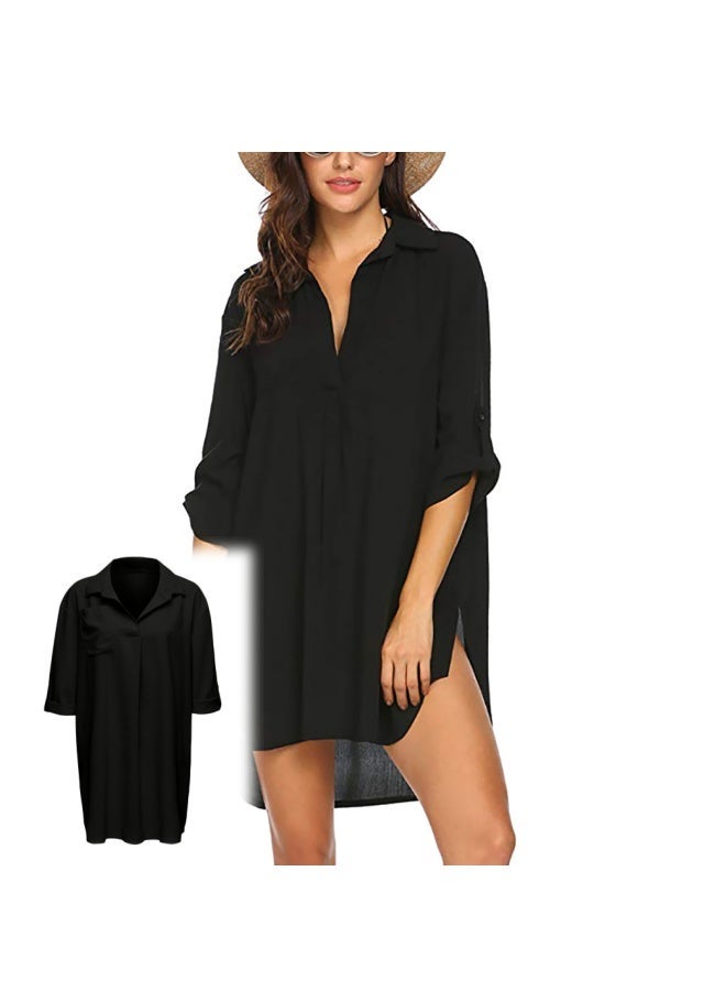 Women's Shirt Dress, T-Shirt Mini Dress, Stylish V-neck Sunscreen Breathable Shirt, Suitable for Beach Play and Everyday Wear - Image 1