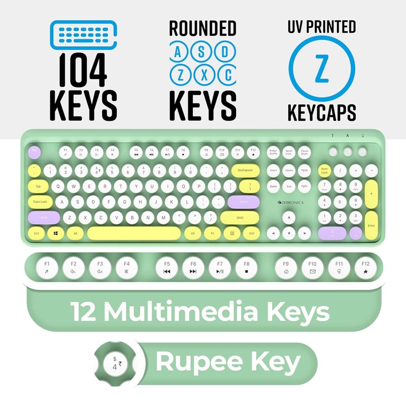 ZEBRONICS Wireless Keyboard & Mouse Combo, 104 UV-Coated Keys, ₹ Key, 12 Multimedia Keys, Retractable Stand, 3 Button Mouse, 1600 DPI, High Precision, USB Nano Receiver (Companion 301, Garden) - Image 4