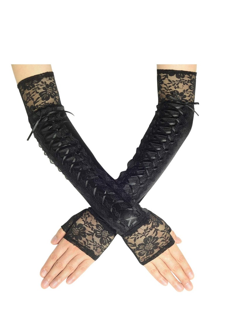 KASTWAVE Lace Up Fingerless Gloves Long Elbow Gloves for Costume Party Lace-up Arm Warmer  - Image 1