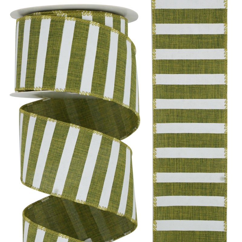 DINDOSAL Moss Green Wired Ribbon 2.5" Horizontal Green White Stripe Burlap Christmas Tree Ribbon Rustic Green Wired Christmas Ribbon for Wreaths Crafts Gift Wrapping Holiday Decorations - 10 Yards - Image 1