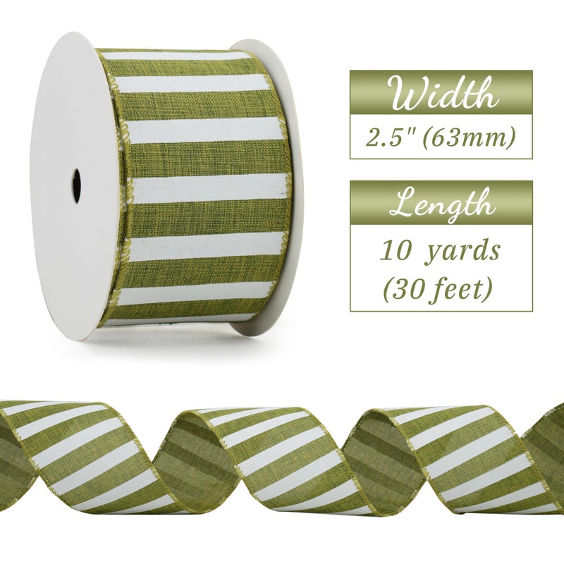 DINDOSAL Moss Green Wired Ribbon 2.5" Horizontal Green White Stripe Burlap Christmas Tree Ribbon Rustic Green Wired Christmas Ribbon for Wreaths Crafts Gift Wrapping Holiday Decorations - 10 Yards - Image 2