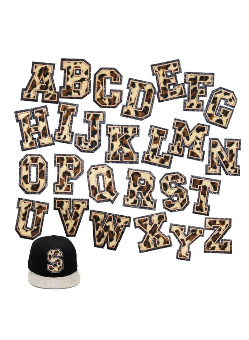 Large Size Chenille Letter Patches Black Glitters Border Leopard Iron on Patches Varsity Custom Patches Sew on Repair Embroidered Varsity Appliques Patches for Clothing Hats Bags 26 Pcs - Image 1