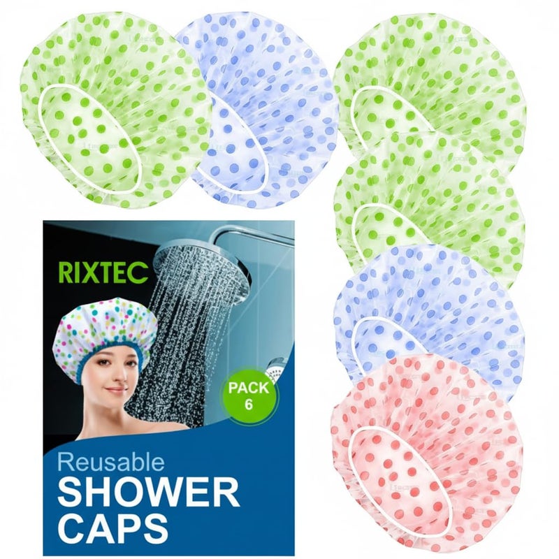 RIXTEC Shower Cap Set of 6 for Women, Reusable Waterproof Elastic Eva Free-Size Bathroom Shower Caps - For Homes, Spas, Salons, Hair Treatment, Beauty Parlors (Multicolored and Multi-design) - Image 1