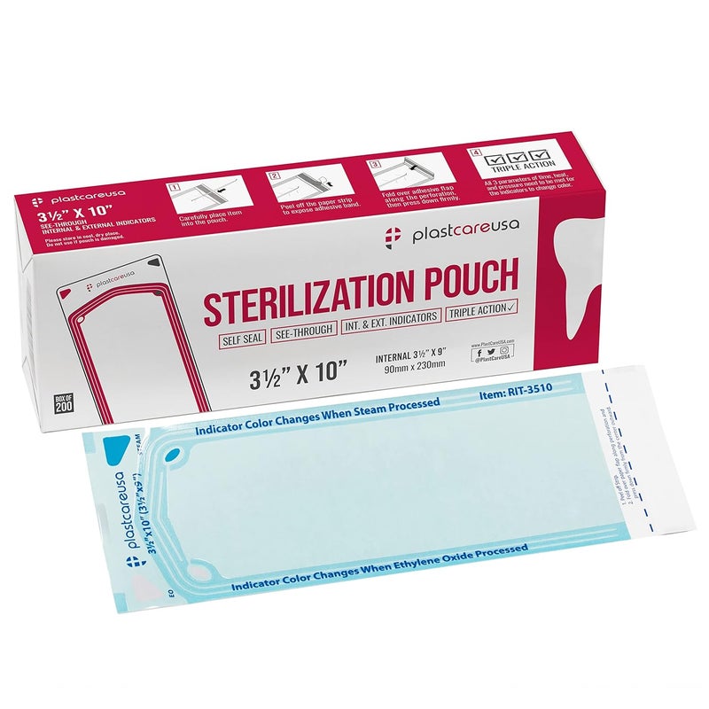 PlastCare USA Store Self Sealing Sterilization Pouches 3.5" x 10" - Latex-Free, Color Changing Indicator (200 Count) by - Image 1