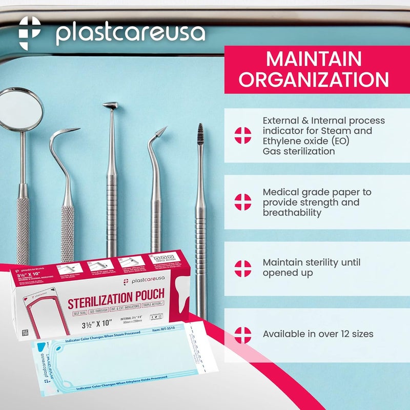 PlastCare USA Store Self Sealing Sterilization Pouches 3.5" x 10" - Latex-Free, Color Changing Indicator (200 Count) by - Image 4
