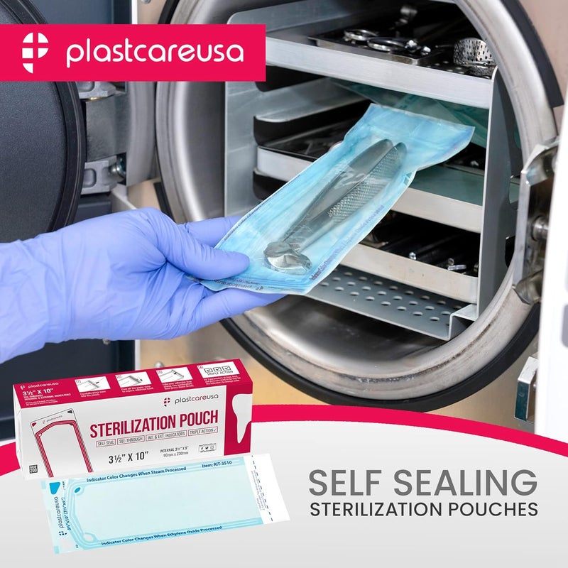 PlastCare USA Store Self Sealing Sterilization Pouches 3.5" x 10" - Latex-Free, Color Changing Indicator (200 Count) by - Image 2