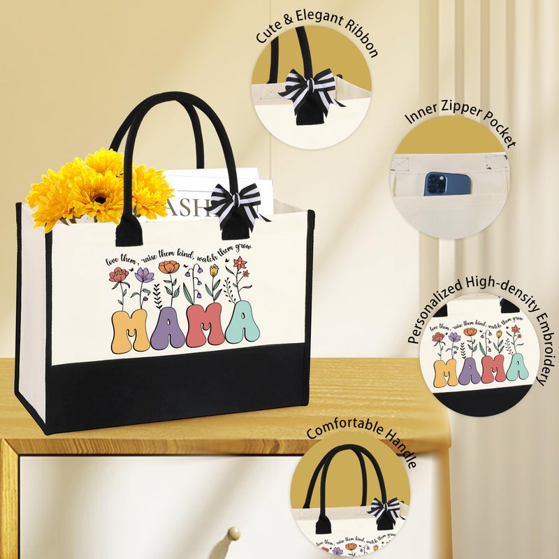 DOGMEM DOGMEM Mama Gifts for Mom: Tote Bag Set with Mama Tote  Makeup Bag  Bracelet  Mug & Gift Box - Black & White - Medium to Large (16.7"" x 7"" x 12"") - For Women-Mothers  - Image 4