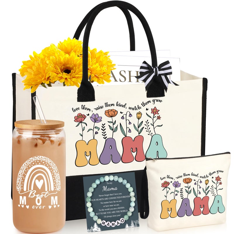 DOGMEM DOGMEM Mama Gifts for Mom: Tote Bag Set with Mama Tote  Makeup Bag  Bracelet  Mug & Gift Box - Black & White - Medium to Large (16.7"" x 7"" x 12"") - For Women-Mothers  - Image 1