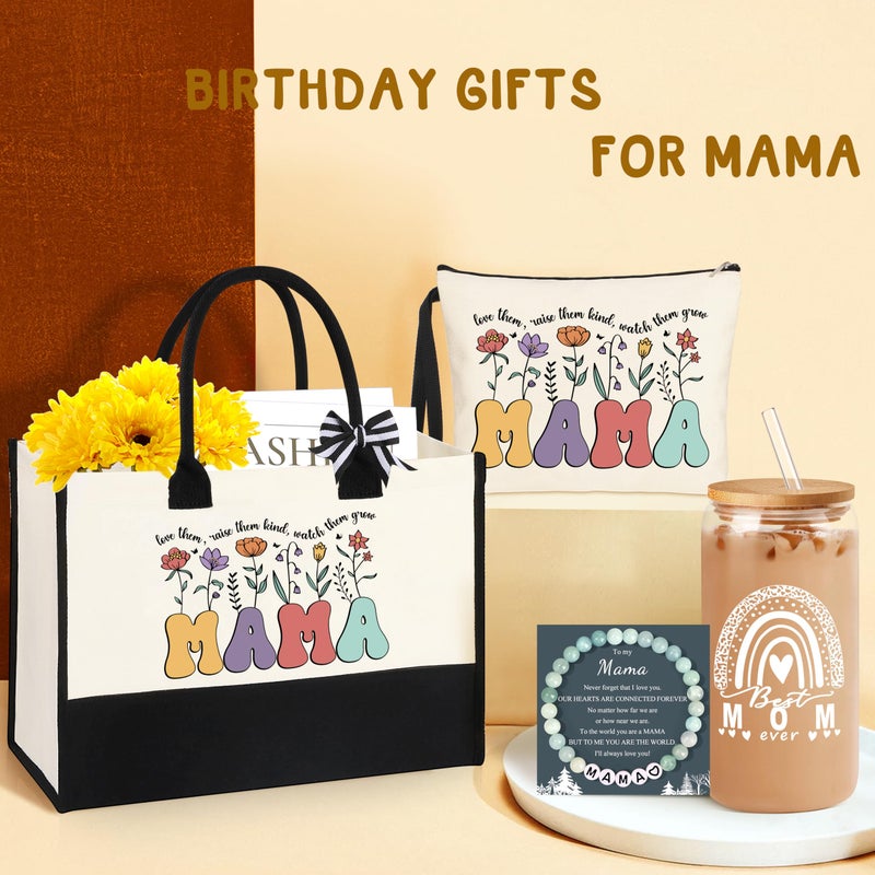 DOGMEM DOGMEM Mama Gifts for Mom: Tote Bag Set with Mama Tote  Makeup Bag  Bracelet  Mug & Gift Box - Black & White - Medium to Large (16.7"" x 7"" x 12"") - For Women-Mothers  - Image 2