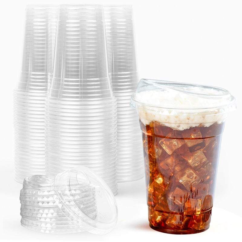 Prestee 100 Clear Disposable Iced Coffee Cups with Lids 16oz  Plastic Cups with Strawless Sip Lids  Durable Cold Brew Smoothie or Beverage Cup for OntheGo Christmas and Holiday Party Supplies