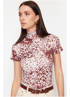 trendyol Dark Brown Printed Zipper Collar Zipper Short Sleeve Flexible Snaps Knitted Body TWOAW21BD0009  - Image 1