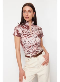 trendyol Dark Brown Printed Zipper Collar Zipper Short Sleeve Flexible Snaps Knitted Body TWOAW21BD0009  - Image 2