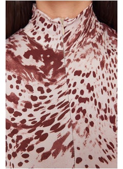 trendyol Dark Brown Printed Zipper Collar Zipper Short Sleeve Flexible Snaps Knitted Body TWOAW21BD0009  - Image 5