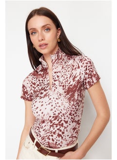 trendyol Dark Brown Printed Zipper Collar Zipper Short Sleeve Flexible Snaps Knitted Body TWOAW21BD0009  - Image 3