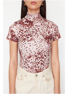 trendyol Dark Brown Printed Zipper Collar Zipper Short Sleeve Flexible Snaps Knitted Body TWOAW21BD0009  - Image 4