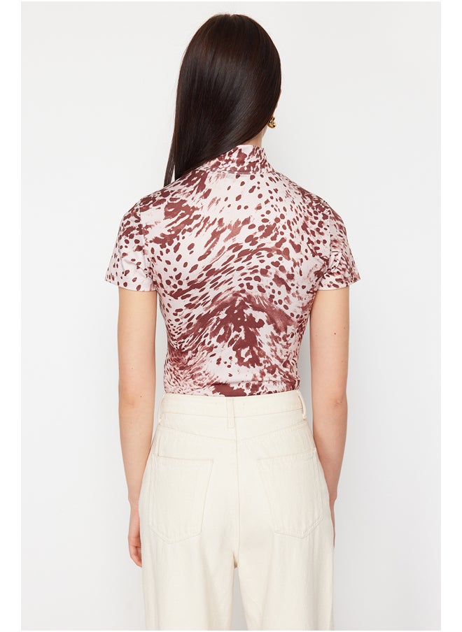 trendyol - Dark Brown Printed Zipper Collar Zipper Short Sleeve Flexible Snaps Knitted Body TWOAW21BD0009 - Image 1