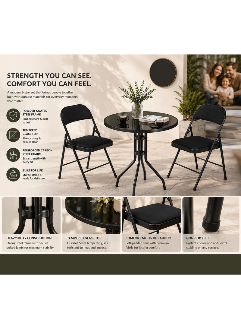 DBLEW Folding Table and Chair Set – Round Tempered Glass Outdoor Table with 2 Foldable Mesh Chairs  Metal Frame Bistro Set for Kitchen, Balcony, Patio, Garden, Poolside & Indoor Use - Image 2