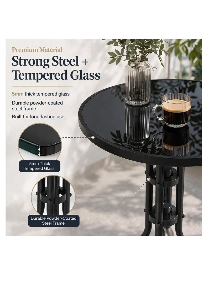 DBLEW Folding Table and Chair Set – Round Tempered Glass Outdoor Table with 2 Foldable Mesh Chairs  Metal Frame Bistro Set for Kitchen, Balcony, Patio, Garden, Poolside & Indoor Use - Image 1