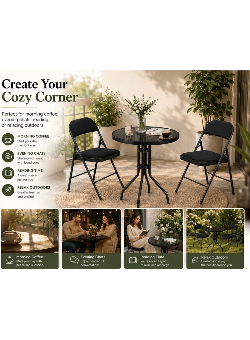 DBLEW Folding Table and Chair Set – Round Tempered Glass Outdoor Table with 2 Foldable Mesh Chairs  Metal Frame Bistro Set for Kitchen, Balcony, Patio, Garden, Poolside & Indoor Use - Image 3