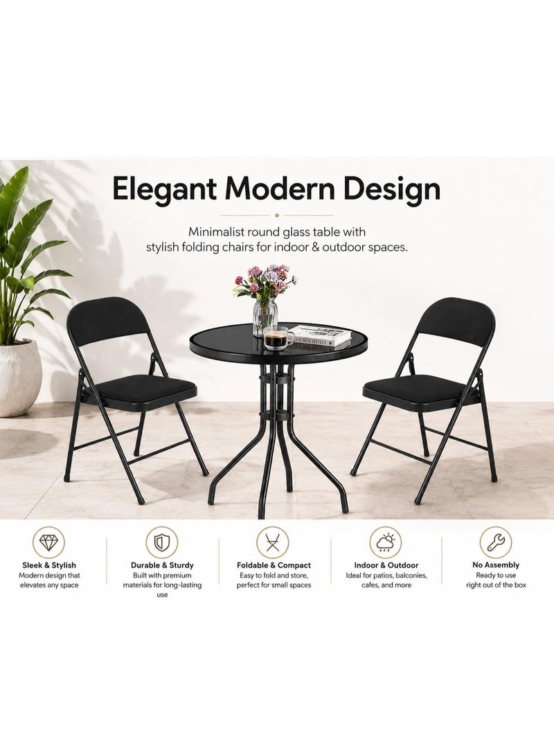 DBLEW Folding Table and Chair Set – Round Tempered Glass Outdoor Table with 2 Foldable Mesh Chairs  Metal Frame Bistro Set for Kitchen, Balcony, Patio, Garden, Poolside & Indoor Use - Image 5