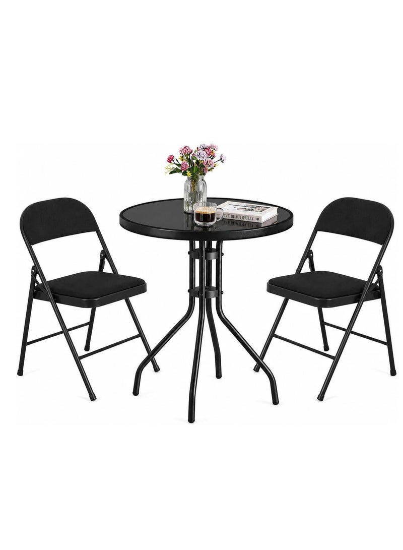 DBLEW Folding Table and Chair Set – Round Tempered Glass Outdoor Table with 2 Foldable Mesh Chairs  Metal Frame Bistro Set for Kitchen, Balcony, Patio, Garden, Poolside & Indoor Use - Image 4