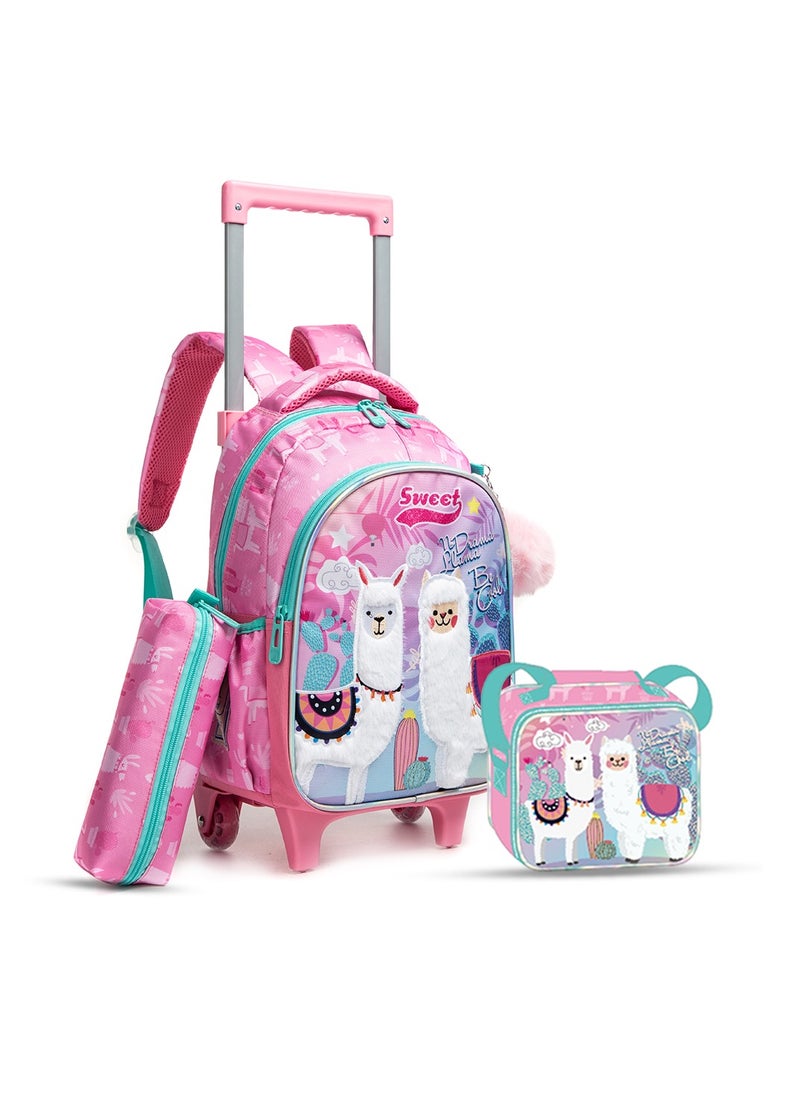 Eazy Kids 16 Inch Set Of 3 Trolley School Bag With Lunch Bag And Pencil Case Lama - Pink  - Image 1